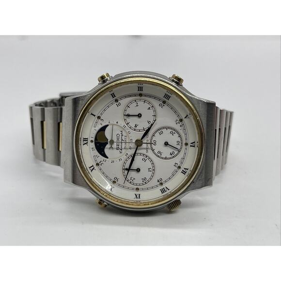 Vintage Seiko Sports 100 Moon Phase Chronograph Two Tone Quartz Watch 7a48 7009 - Picture 4 of 10